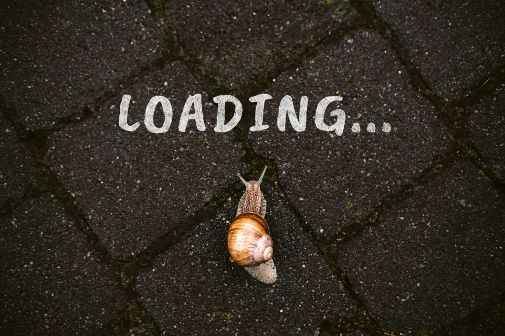 Loading, downloading, slow internet speed concept with word loading and Brown garden snail crawling