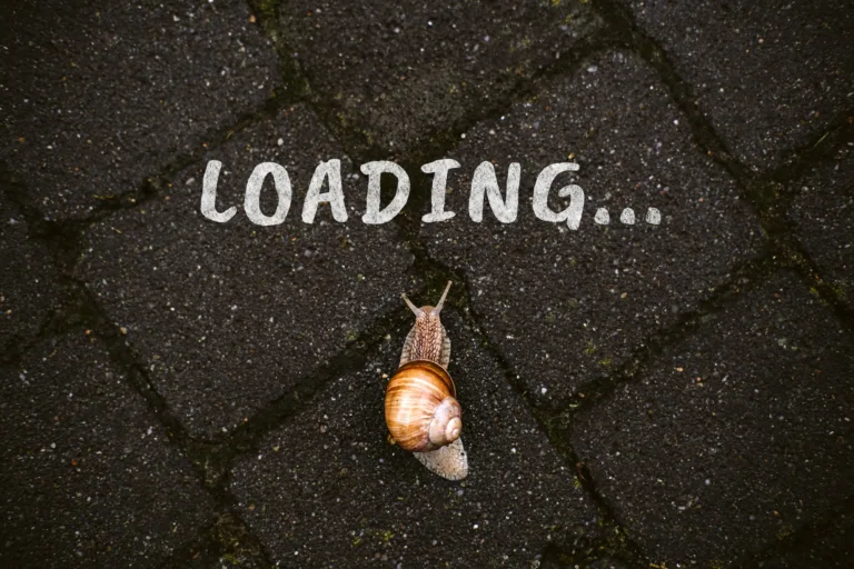 Loading, downloading, slow internet speed concept with word loading and Brown garden snail crawling