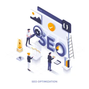 SEO Optimization graphic with people building the screen