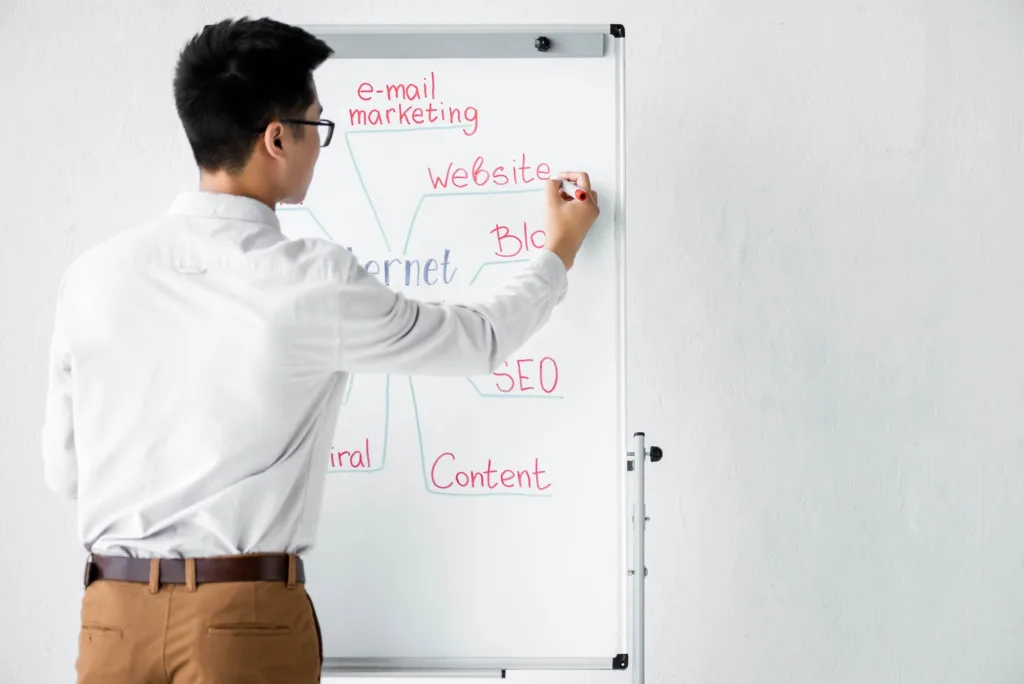 back view of seo manager writing on flipchart website marketing