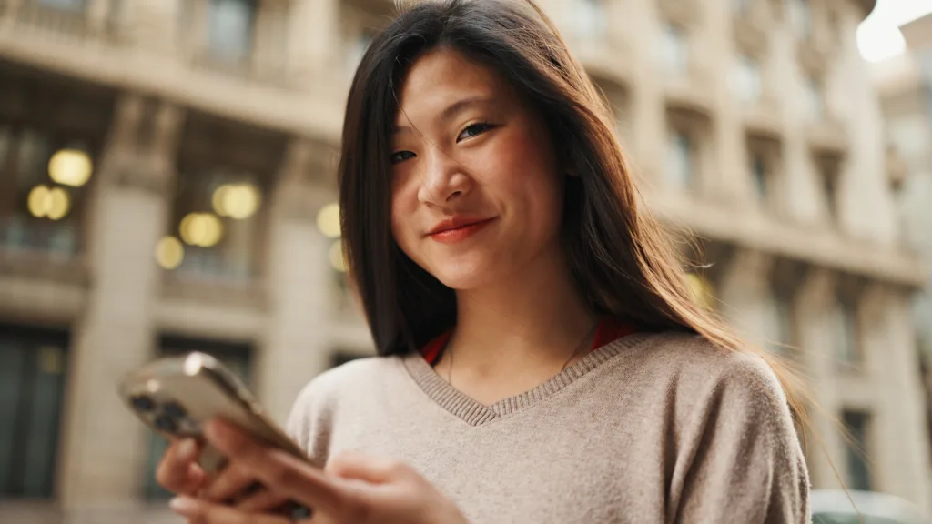 Smiling Asian woman checking her social media on smartphone looking at camera and smiling outdoors